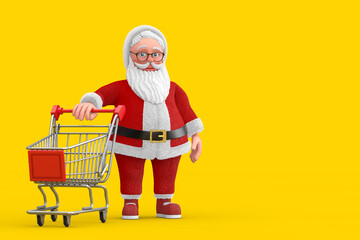 Poster - Cartoon Cheerful Santa Claus Granpa with Shopping Cart Trolley. 3d Rendering