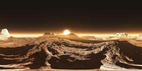 Wall Mural - alien landscape at the rising of a star, HDRI, environment map , Round panorama, spherical panorama, equidistant projection, 360 high resolution panorama, 3d rendering