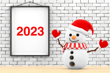 Poster - Snowman in front of Brick Wall with Frame 2023 Sign. 3d Rendering