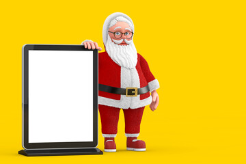 Aufkleber - Cartoon Cheerful Santa Claus Granpa with Blank Trade Show LCD Screen Display Stand as Template for Your Design. 3d Rendering