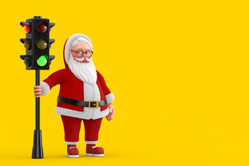 Poster - Cartoon Cheerful Santa Claus Granpa with Traffic Green Light. 3d Rendering