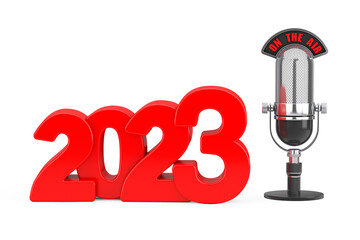 Aufkleber - 2023 New Year Concept. Red 2023 New Year Sign with Microphone and On The Air Sign. 3d Rendering