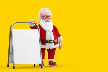 Poster - Cartoon Cheerful Santa Claus Granpa with White Blank Advertising Promotion Stand. 3d Rendering
