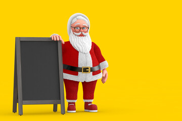 Poster - Cartoon Cheerful Santa Claus Granpa with Blank Wooden Menu Blackboards Outdoor Display. 3d Rendering