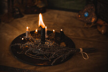 Witch Altar. Concept Of Fortune Telling And Predictions Of Fate, Candle Magic And Wicca Elements On A Table