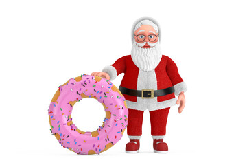 Poster - Cartoon Cheerful Santa Claus Granpa with Big Strawberry Pink Glazed Donut. 3d Rendering