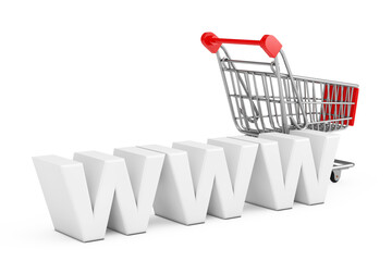 Poster - Shopping Cart Trolley near WWW White Sign. 3d Rendering