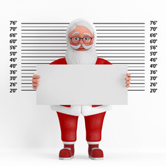Aufkleber - Cartoon Cheerful Santa Claus Granpa with Identification Plate in front of Police Lineup or Mugshot Background. 3d Rendering