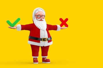 Aufkleber - Cartoon Cheerful Santa Claus Granpa with Red Cross and Green Check Mark, Confirm or Deny, Yes or No Icon Sign. 3d Rendering