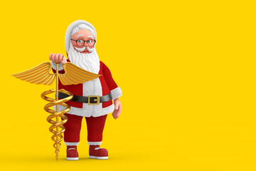 Poster - Cartoon Cheerful Santa Claus Granpa with Gold Medical Caduceus Symbol. 3d Rendering
