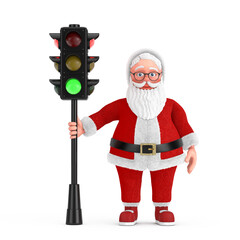 Poster - Cartoon Cheerful Santa Claus Granpa with Traffic Green Light. 3d Rendering