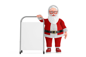 Poster - Cartoon Cheerful Santa Claus Granpa with White Blank Advertising Promotion Stand. 3d Rendering