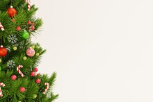 Close Up Christmas Tree Decorated With Ornament On Off White Background. 3d Rendering. Copy Space