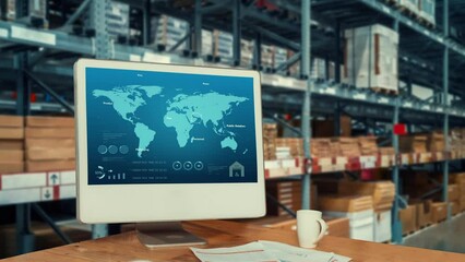 Warehouse management deft software in computer for real time monitoring of goods package delivery . Computer screen showing smart inventory dashboard for storage and supply chain distribution .