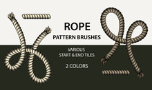 Set Of 4 Vector Rope Pattern Brushes With 2 Different Styles Of Ends. Cold Pale Natural Colors. Vintage Detailed Style.