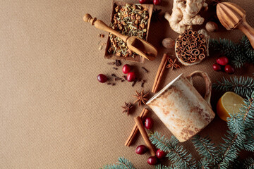 Ingredients and spices for preparing winter hot drinks.