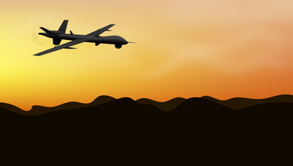 3D Unmanned Military Drone Silhouette On Sunset