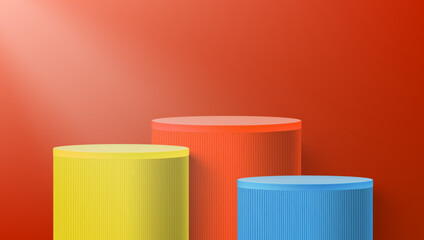 Wall Mural - 3D Yellow, Red And Blue Corrugate Cylinder Podiums