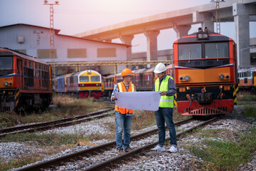 Wall Mural - Engineer under inspection and checking construction process railway switch and checking work on railroad station .Engineer wearing safety uniform and safety helmet in work.