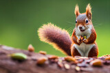 a red squirrel sits on a branch and eats a nut