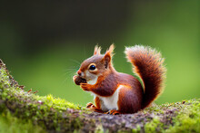 A Red Squirrel Sits On A Branch And Eats A Nut