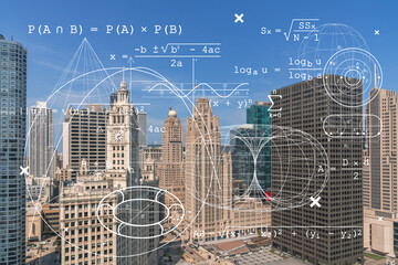 Aerial panoramic city view, Chicago downtown area, day time, Illinois, USA. Birds eye view, skyscrapers, skyline. Education concept. Academic research, top ranking universities, hologram