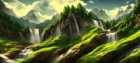 Fototapete - Cascade of the waterfall flows down from the slope of the mountains. Mountain rivers flow among green lawns and mountain peaks. Fantasy waterfall panorama. 3d illustration