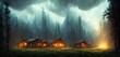 © Mars0hod - House in a dark gloomy forest, a hermit village in a wooded area, light in the windows of houses. 3d illustration
