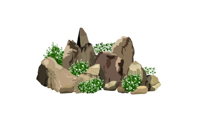 Collection of stones of various shapes and plants.Coastal pebbles,cobblestones,gravel,minerals and geological formations.Rock fragments,boulders and building material.Vector illustration.