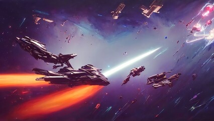 Wall Mural - Space battle, spaceships are fighting, shooting from laser guns, explosions and sparks. Destroyed the spaceship. 3d illustration