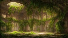 Abandoned Palace Castle Overgrown With Vegetation, Ivy And Vines. Empty Atrium Halls, No One Around. Building Is Captured By Nature And Vegetation. 3d Illustration