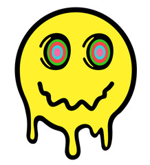 Melting smile. Funny psychedelic surreal techno acid LSD melt smile face logo. Dripping smile. Good mood. Positive emoji. Molten. Sad face.