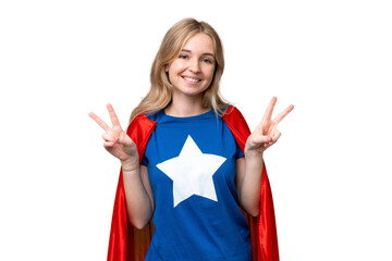 Wall Mural - Super Hero English woman over isolated background showing victory sign with both hands