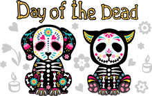 Day Of The Dead, Dia De Los Muertos. Cute Dog And Cat Skulls And Skeleton Decorated. Mexican Traditional Symbols, Elements And Flowers. Fiesta, Halloween