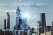Abstract virtual code skull illustration on New York city skyline background. Hacking and phishing concept. Multiexposure