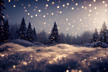 Christmas tree with golden color image with night garland in forest