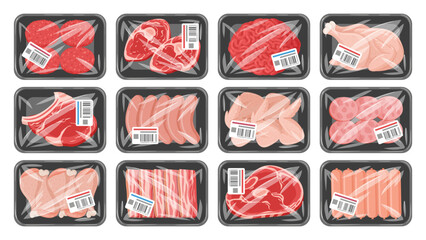 Wall Mural - Cartoon frozen meat product in vacuum plastic packaging. Raw beef steak, chicken breast and sausages packed with polyethylene flat vector illustration set. Meat food on plastic trays