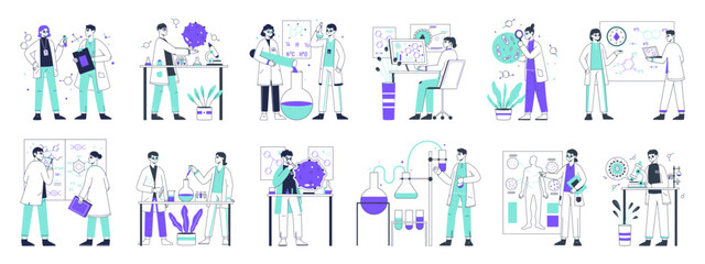 Lab scientists, flat medical, chemistry development. Biotechnology lab workers, laboratory researching work symbols illustration collection. Chemical scientific experiment scenes set
