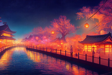 chinese temple at night digital art.