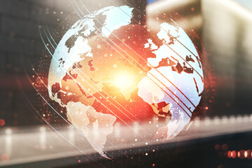 Wall Mural - double exposure of abstract digital world map hologram on contemporary business center exterior back