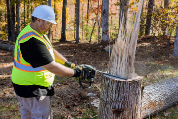 An autumn park municipal worker cuts down trees that fell after strong hurricane caused them to fall