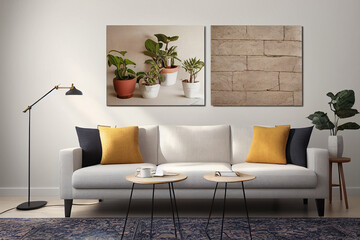 Wall Mural - 3d illustration of stylish gray and white interior sofa and picture framed on the wall