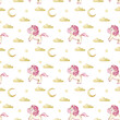 Seamless watercolor pattern with unicorns, clouds, moon and stars. Watercolor illustration for children's textiles, packaging, paper on a white background