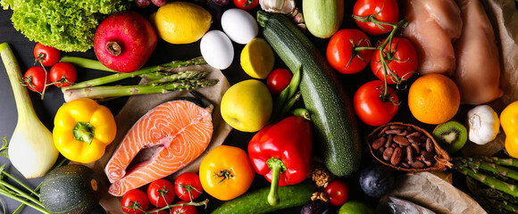 Wall Mural - Various healthy products on table, top view