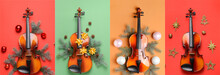Collage Of Violin With Christmas Decorations On Color Background