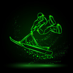 Neon man jumps with a snow scooter. Vector winter extreme sport illustration on black background. Ski bike Trick linear neon banner.