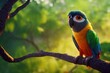 A parrot with bright feathers sits on a branch against the background of green trees 3d illustration