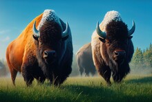 Clear Summer Day On A Green Field And A Pair Of Bison On It Under A Blue Clear Sky 3d Illustration
