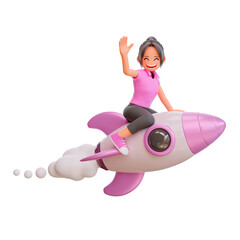 Wall Mural - 3d illustration cute girls is flying on a rocket