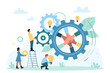 © Flash Vector - Effective cooperation of strong dedicated team, enterprise development and teamwork vector illustration. Cartoon tiny people holding light bulbs and working with moving gears, collaboration of workers